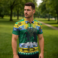 Gabon Christmas Zipper Polo Shirt with Black Panthers Carrying Tree and Green Yellow Snowflake Pattern - Wonder Print Shop