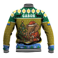 Gabon Christmas Baseball Jacket with Pixel Art Elephant Santa Christmas Tree and Flag Colors Pattern - Wonder Print Shop