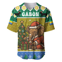 Gabon Christmas Baseball Jersey with Pixel Art Elephant Santa Christmas Tree and Flag Colors Pattern - Wonder Print Shop
