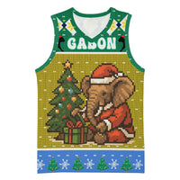Gabon Christmas Basketball Jersey with Pixel Art Elephant Santa Christmas Tree and Flag Colors Pattern - Wonder Print Shop