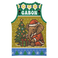 Gabon Christmas Basketball Jersey with Pixel Art Elephant Santa Christmas Tree and Flag Colors Pattern - Wonder Print Shop