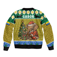 Gabon Christmas Bomber Jacket with Pixel Art Elephant Santa Christmas Tree and Flag Colors Pattern - Wonder Print Shop