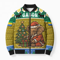Gabon Christmas Bomber Puffer Jacket with Pixel Art Elephant Santa Christmas Tree and Flag Colors Pattern - Wonder Print Shop
