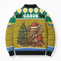 Gabon Christmas Bomber Puffer Jacket with Pixel Art Elephant Santa Christmas Tree and Flag Colors Pattern - Wonder Print Shop