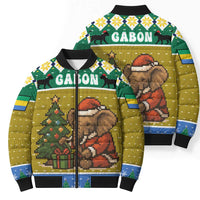 Gabon Christmas Bomber Puffer Jacket with Pixel Art Elephant Santa Christmas Tree and Flag Colors Pattern - Wonder Print Shop