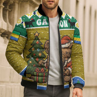 Gabon Christmas Bomber Puffer Jacket with Pixel Art Elephant Santa Christmas Tree and Flag Colors Pattern - Wonder Print Shop