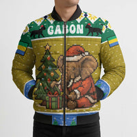 Gabon Christmas Bomber Puffer Jacket with Pixel Art Elephant Santa Christmas Tree and Flag Colors Pattern - Wonder Print Shop