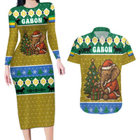 Gabon Christmas Couples Matching Long Sleeve Bodycon Dress and Hawaiian Shirt with Pixel Art Elephant Santa Christmas Tree and Flag Colors Pattern - Wonder Print Shop