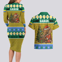 Gabon Christmas Couples Matching Long Sleeve Bodycon Dress and Hawaiian Shirt with Pixel Art Elephant Santa Christmas Tree and Flag Colors Pattern - Wonder Print Shop
