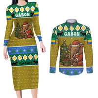 Gabon Christmas Couples Matching Long Sleeve Bodycon Dress and Long Sleeve Button Shirt with Pixel Art Elephant Santa Christmas Tree and Flag Colors Pattern - Wonder Print Shop