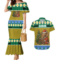 Gabon Christmas Couples Matching Mermaid Dress and Hawaiian Shirt with Pixel Art Elephant Santa Christmas Tree and Flag Colors Pattern - Wonder Print Shop