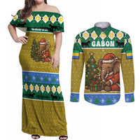 Gabon Christmas Couples Matching Off Shoulder Maxi Dress and Long Sleeve Button Shirt with Pixel Art Elephant Santa Christmas Tree and Flag Colors Pattern - Wonder Print Shop