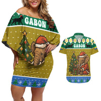 Gabon Christmas Couples Matching Off Shoulder Short Dress and Hawaiian Shirt with Pixel Art Elephant Santa Christmas Tree and Flag Colors Pattern - Wonder Print Shop