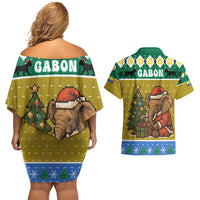 Gabon Christmas Couples Matching Off Shoulder Short Dress and Hawaiian Shirt with Pixel Art Elephant Santa Christmas Tree and Flag Colors Pattern - Wonder Print Shop