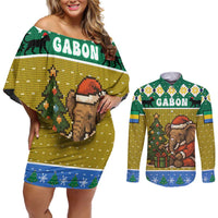 Gabon Christmas Couples Matching Off Shoulder Short Dress and Long Sleeve Button Shirt with Pixel Art Elephant Santa Christmas Tree and Flag Colors Pattern - Wonder Print Shop
