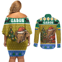 Gabon Christmas Couples Matching Off Shoulder Short Dress and Long Sleeve Button Shirt with Pixel Art Elephant Santa Christmas Tree and Flag Colors Pattern - Wonder Print Shop