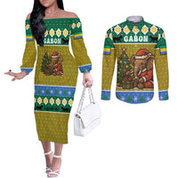 Gabon Christmas Couples Matching Off The Shoulder Long Sleeve Dress and Long Sleeve Button Shirt with Pixel Art Elephant Santa Christmas Tree and Flag Colors Pattern - Wonder Print Shop