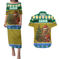 Gabon Christmas Couples Matching Puletasi and Hawaiian Shirt with Pixel Art Elephant Santa Christmas Tree and Flag Colors Pattern - Wonder Print Shop