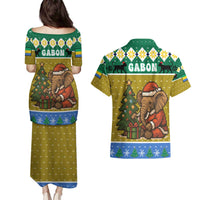 Gabon Christmas Couples Matching Puletasi and Hawaiian Shirt with Pixel Art Elephant Santa Christmas Tree and Flag Colors Pattern - Wonder Print Shop