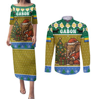 Gabon Christmas Couples Matching Puletasi and Long Sleeve Button Shirt with Pixel Art Elephant Santa Christmas Tree and Flag Colors Pattern - Wonder Print Shop