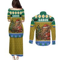 Gabon Christmas Couples Matching Puletasi and Long Sleeve Button Shirt with Pixel Art Elephant Santa Christmas Tree and Flag Colors Pattern - Wonder Print Shop