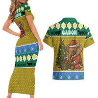 Gabon Christmas Couples Matching Short Sleeve Bodycon Dress and Hawaiian Shirt with Pixel Art Elephant Santa Christmas Tree and Flag Colors Pattern - Wonder Print Shop