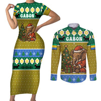 Gabon Christmas Couples Matching Short Sleeve Bodycon Dress and Long Sleeve Button Shirt with Pixel Art Elephant Santa Christmas Tree and Flag Colors Pattern - Wonder Print Shop