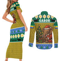 Gabon Christmas Couples Matching Short Sleeve Bodycon Dress and Long Sleeve Button Shirt with Pixel Art Elephant Santa Christmas Tree and Flag Colors Pattern - Wonder Print Shop