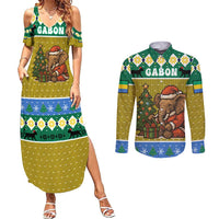 Gabon Christmas Couples Matching Summer Maxi Dress and Long Sleeve Button Shirt with Pixel Art Elephant Santa Christmas Tree and Flag Colors Pattern - Wonder Print Shop