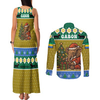 Gabon Christmas Couples Matching Tank Maxi Dress and Long Sleeve Button Shirt with Pixel Art Elephant Santa Christmas Tree and Flag Colors Pattern - Wonder Print Shop