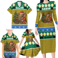 Gabon Christmas Family Matching Long Sleeve Bodycon Dress and Hawaiian Shirt with Pixel Art Elephant Santa Christmas Tree and Flag Colors Pattern - Wonder Print Shop