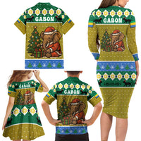Gabon Christmas Family Matching Long Sleeve Bodycon Dress and Hawaiian Shirt with Pixel Art Elephant Santa Christmas Tree and Flag Colors Pattern - Wonder Print Shop
