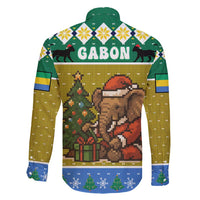 Gabon Christmas Family Matching Long Sleeve Bodycon Dress and Hawaiian Shirt with Pixel Art Elephant Santa Christmas Tree and Flag Colors Pattern - Wonder Print Shop