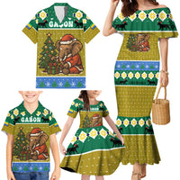 Gabon Christmas Family Matching Mermaid Dress and Hawaiian Shirt with Pixel Art Elephant Santa Christmas Tree and Flag Colors Pattern - Wonder Print Shop