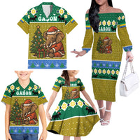 Gabon Christmas Family Matching Off The Shoulder Long Sleeve Dress and Hawaiian Shirt with Pixel Art Elephant Santa Christmas Tree and Flag Colors Pattern - Wonder Print Shop
