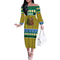 Gabon Christmas Family Matching Off The Shoulder Long Sleeve Dress and Hawaiian Shirt with Pixel Art Elephant Santa Christmas Tree and Flag Colors Pattern - Wonder Print Shop