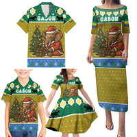 Gabon Christmas Family Matching Puletasi and Hawaiian Shirt with Pixel Art Elephant Santa Christmas Tree and Flag Colors Pattern - Wonder Print Shop