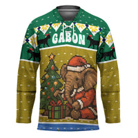 Gabon Christmas Hockey Jersey with Pixel Art Elephant Santa Christmas Tree and Flag Colors Pattern - Wonder Print Shop