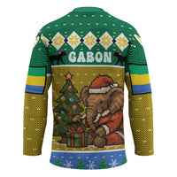 Gabon Christmas Hockey Jersey with Pixel Art Elephant Santa Christmas Tree and Flag Colors Pattern - Wonder Print Shop