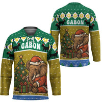 Gabon Christmas Hockey Jersey with Pixel Art Elephant Santa Christmas Tree and Flag Colors Pattern - Wonder Print Shop