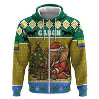 Gabon Christmas Hoodie with Pixel Art Elephant Santa Christmas Tree and Flag Colors Pattern - Wonder Print Shop