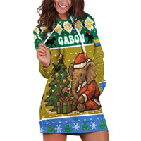 Gabon Christmas Hoodie Dress with Pixel Art Elephant Santa Christmas Tree and Flag Colors Pattern - Wonder Print Shop