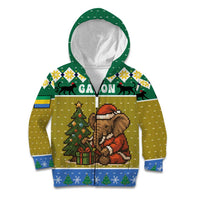 Gabon Christmas Kid Hoodie with Pixel Art Elephant Santa Christmas Tree and Flag Colors Pattern - Wonder Print Shop
