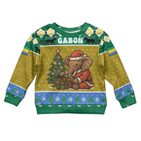 Gabon Christmas Kid Ugly Christmas Sweater with Pixel Art Elephant Santa Christmas Tree and Flag Colors Pattern - Wonder Print Shop