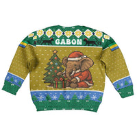 Gabon Christmas Kid Ugly Christmas Sweater with Pixel Art Elephant Santa Christmas Tree and Flag Colors Pattern - Wonder Print Shop