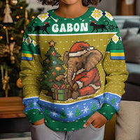 Gabon Christmas Kid Ugly Christmas Sweater with Pixel Art Elephant Santa Christmas Tree and Flag Colors Pattern - Wonder Print Shop