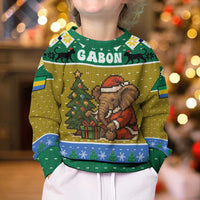 Gabon Christmas Kid Ugly Christmas Sweater with Pixel Art Elephant Santa Christmas Tree and Flag Colors Pattern - Wonder Print Shop