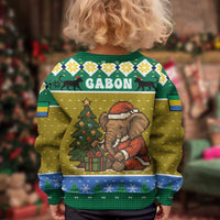 Gabon Christmas Kid Ugly Christmas Sweater with Pixel Art Elephant Santa Christmas Tree and Flag Colors Pattern - Wonder Print Shop