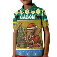Gabon Christmas Kid Polo Shirt with Pixel Art Elephant Santa Christmas Tree and Flag Colors Pattern - Wonder Print Shop