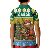 Gabon Christmas Kid Polo Shirt with Pixel Art Elephant Santa Christmas Tree and Flag Colors Pattern - Wonder Print Shop